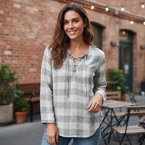 cloth & stone Lace-Up Buffalo Plaid Top | Grey & White | Small